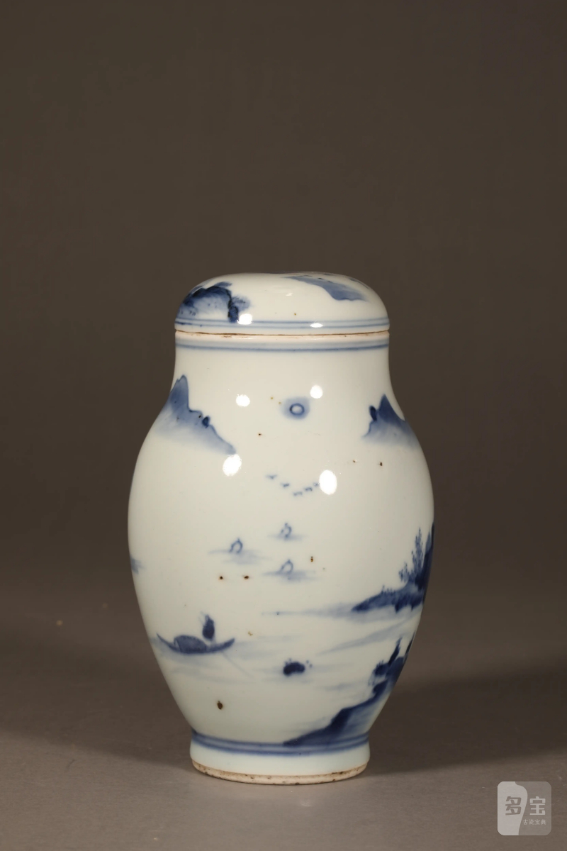 清 青花山水莲子罐 - 图5